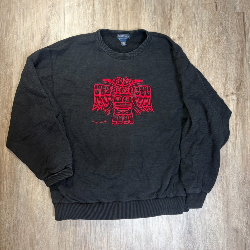 VTG Non Fiction Indigenous Large Black Embroidered Native America Sweatshirt